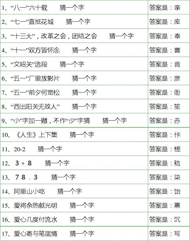 20个经典字谜及答案大全
